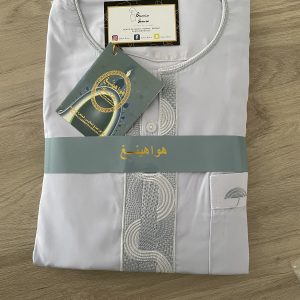 Qamis manche court Blanc broderie argent