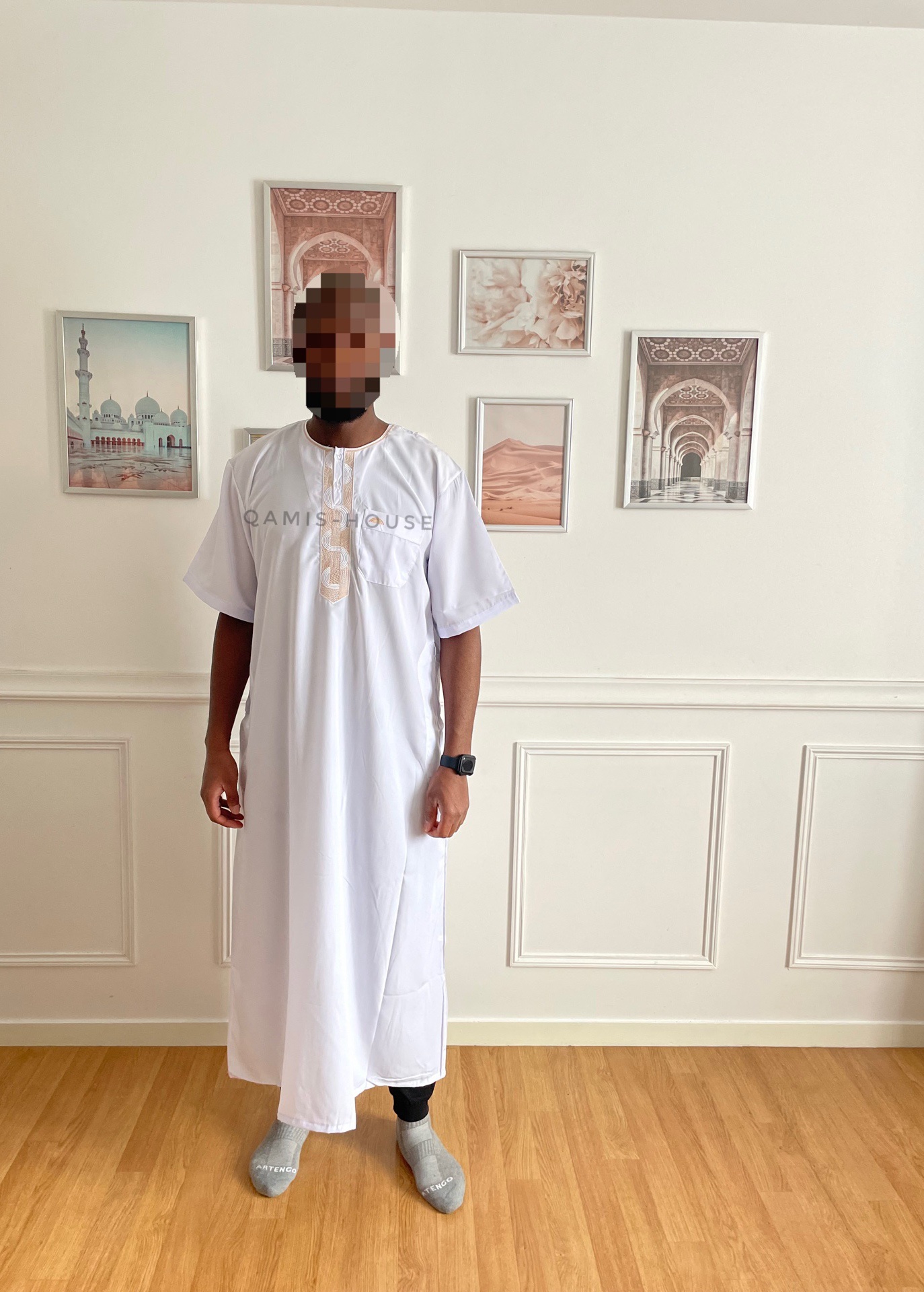 Qamis manche court Blanc broderie or